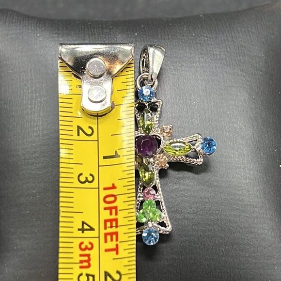 Cross Pendant Multi-Colored Crystal Silver Tone Base Metal Fashion Jewelry - Picture 4 of 4